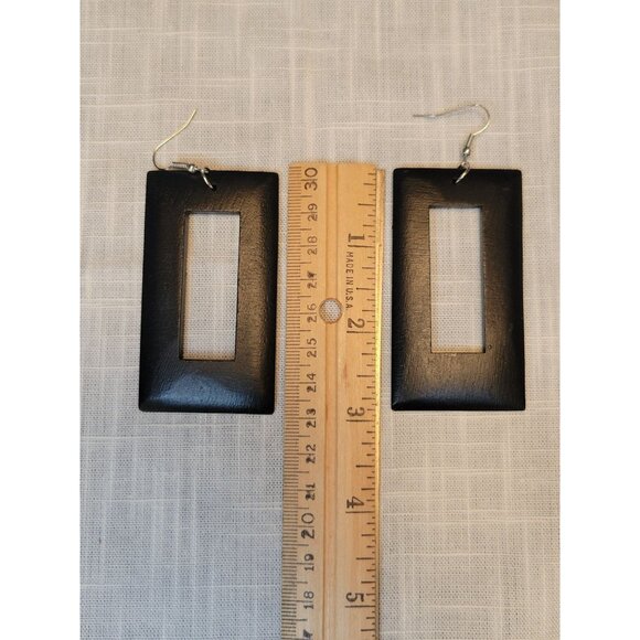 Wood Earrings Geometric Black Rectangular Cutout Dangles - Picture 5 of 5